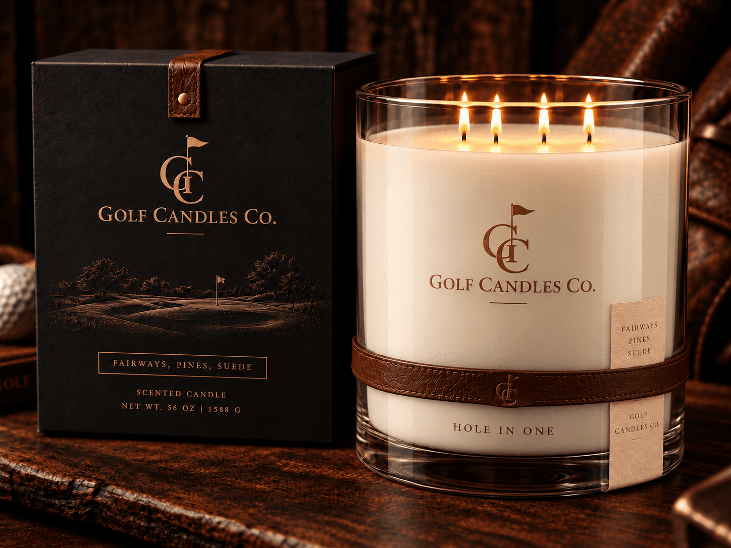 Hole in One candle by Golf Candles Co., with four lit wicks and its black and copper presentation box.